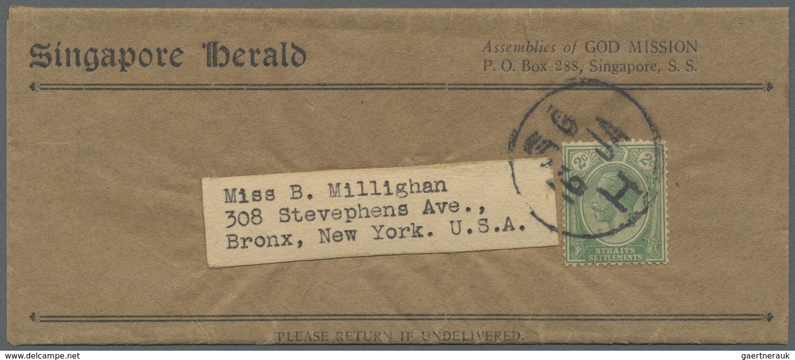 Br Singapur: 1913 (ca.), Straits KGV 2 C. Tied Special Printed Matter Marking "SG 16 JA H" To Wrapper O - Singapore (...-1959)