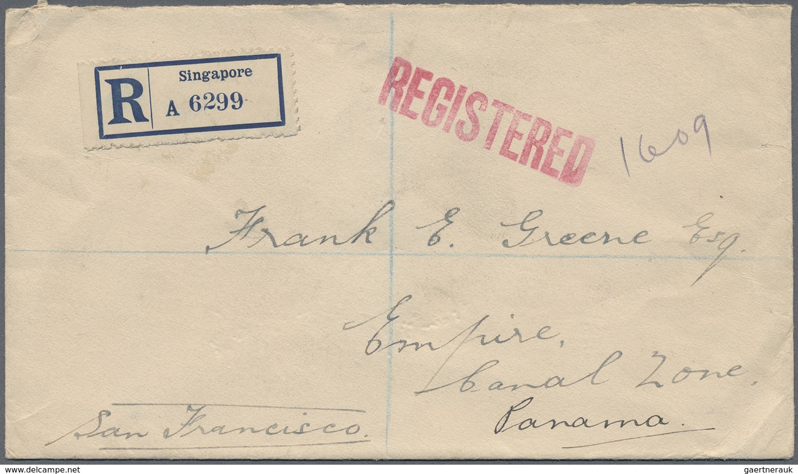 Br Singapur: 1913, KEVII 8 C. W. KGV 10 C. Tied "(SINGA)PORE 1 MR 1913" To Reverse Of Registered Cover - Singapore (...-1959)