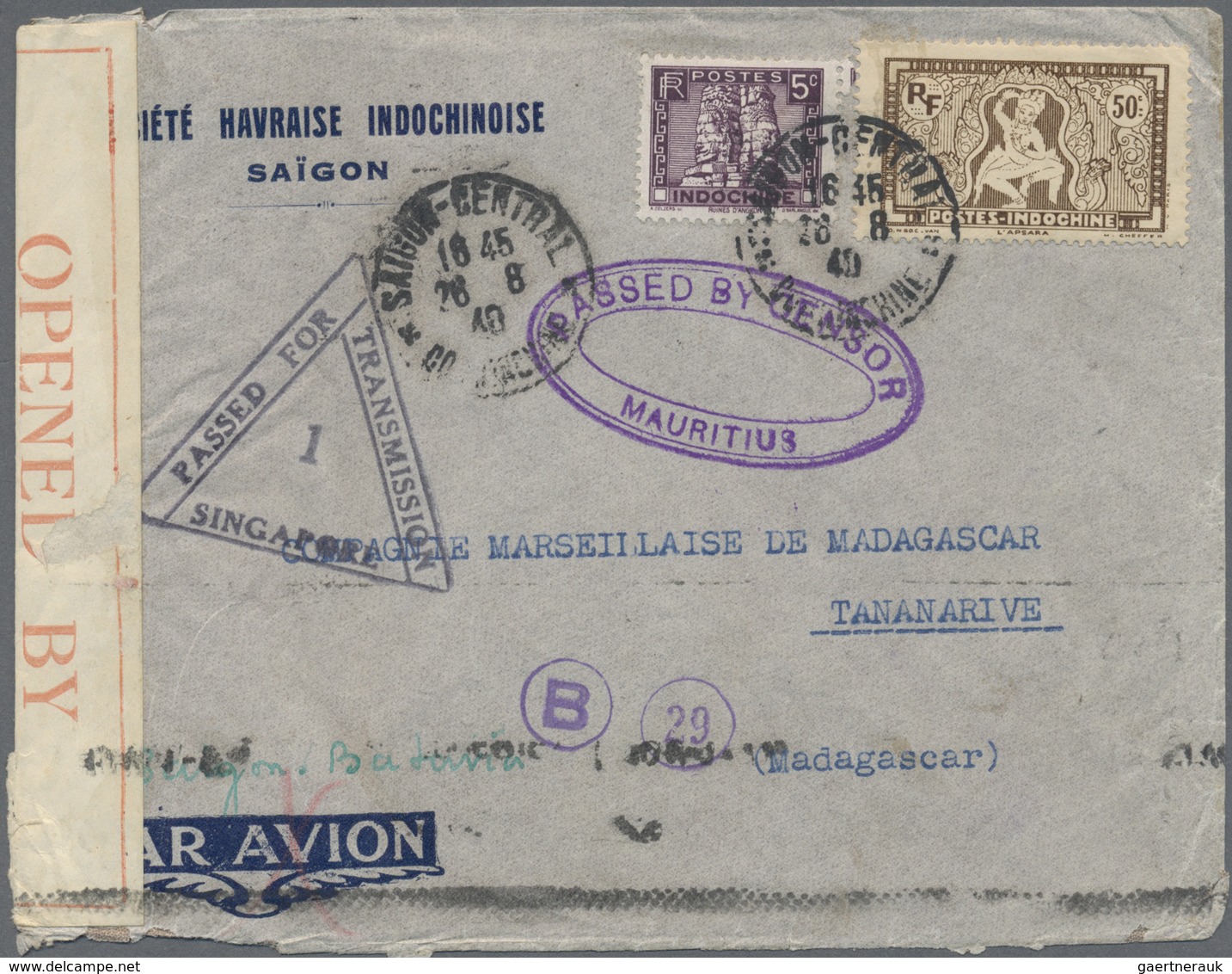 Br Singapur: 1940. Air Mail Envelope Addressed To Madagascar Bearing Lndo-China SG 175, 5c Purple And S - Singapore (...-1959)