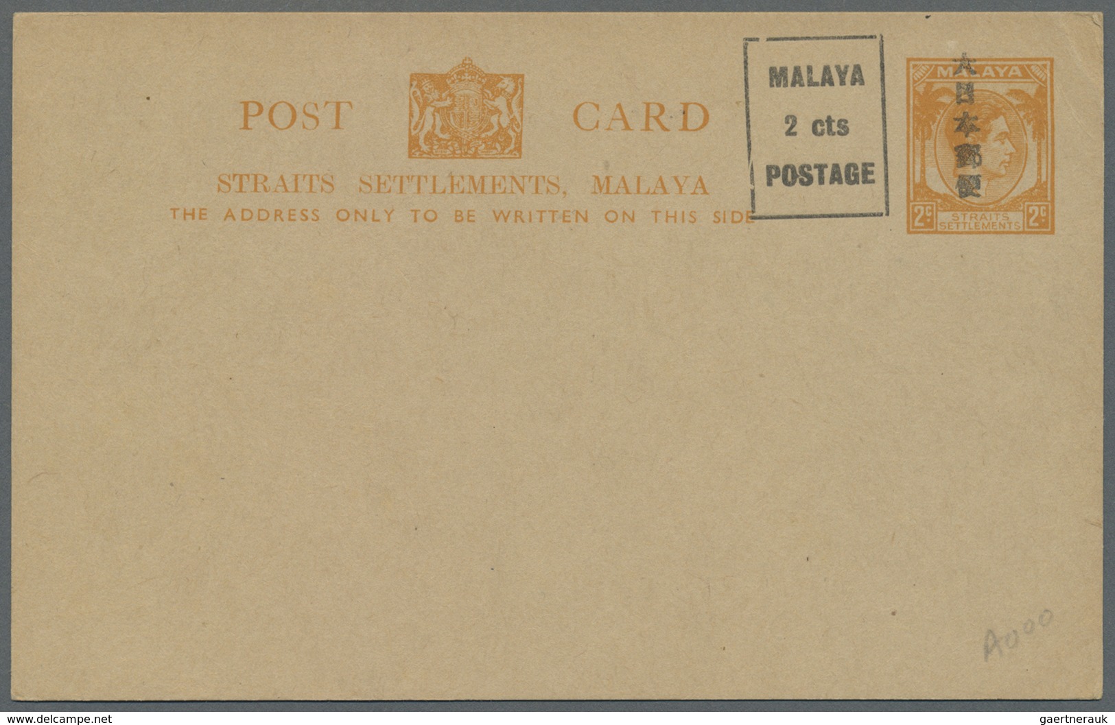 GA Singapur: General Issues, 1942, Stationery Carc KGVI 2 C. Orange W. "Dainipponyubin In Kanji" + Boxe - Singapore (...-1959)