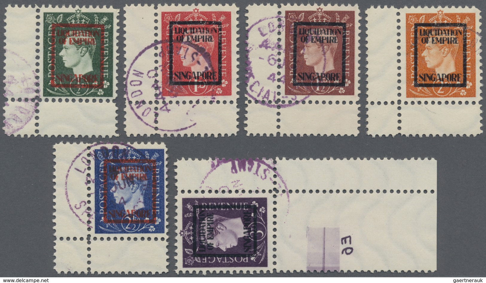 O Singapur: 1944, PROPAGANDA STAMPS: Definitives Set Of Six In Design Of British KGVI Stamps ½d. Green - Singapore (...-1959)