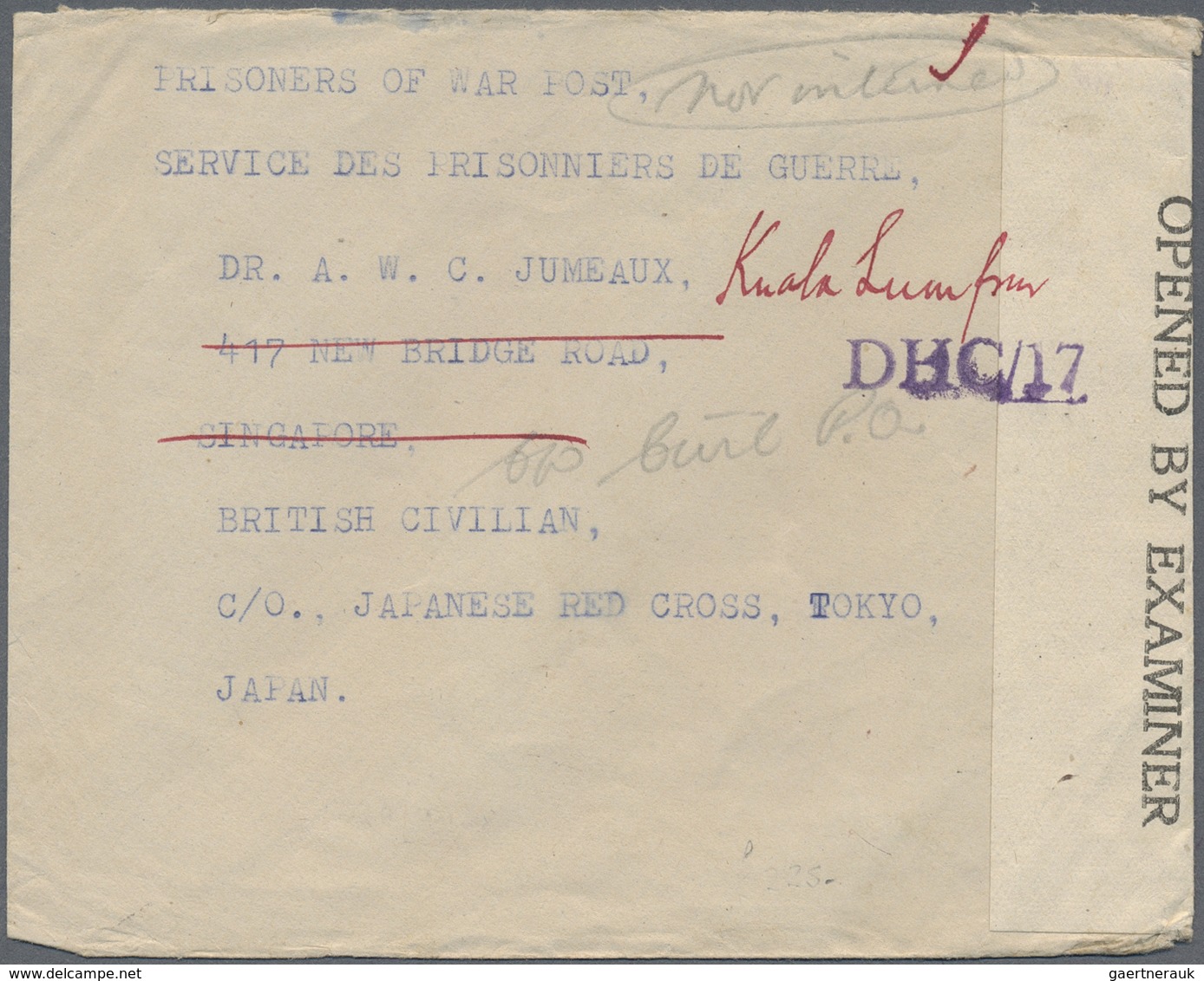 Br Singapur: 1944. Stampless Envelope Headed ‘Prisoners Of War Post, Service Des Prisonniers De Guerre’ - Singapore (...-1959)