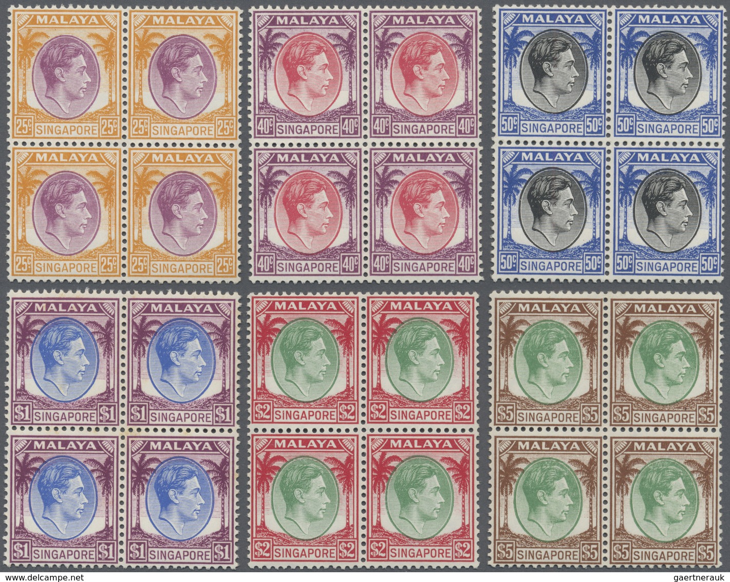 ** Singapur: 1948, KGVI Definitives Perf. 14 Complete Set Of 15 In Blocks Of Four, Mint Never Hinged (2 - Singapore (...-1959)