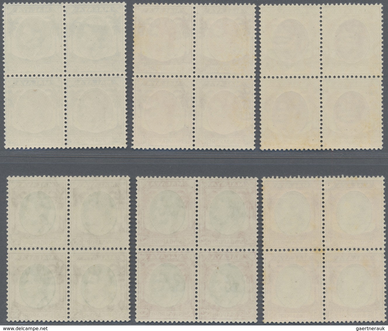 ** Singapur: 1948, KGVI Definitives Perf. 14 Complete Set Of 15 In Blocks Of Four, Mint Never Hinged (2 - Singapore (...-1959)