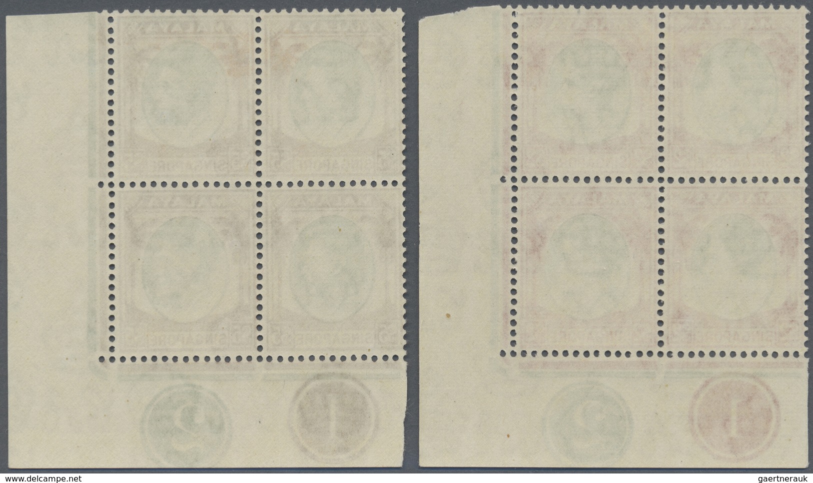** Singapur: 1948, KGVI Definitives Perf. 14 Complete Set Of 15 In Blocks Of Four From Lower Right Corn - Singapore (...-1959)