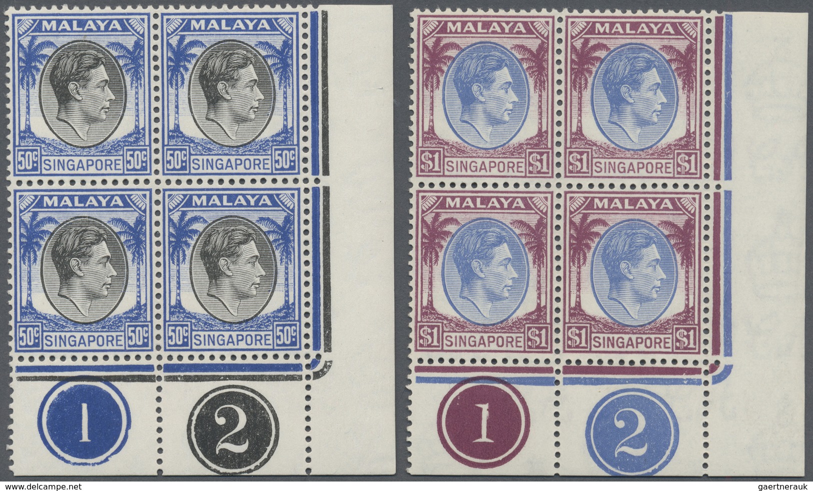 ** Singapur: 1948, KGVI Definitives Perf. 14 Complete Set Of 15 In Blocks Of Four From Lower Right Corn - Singapore (...-1959)
