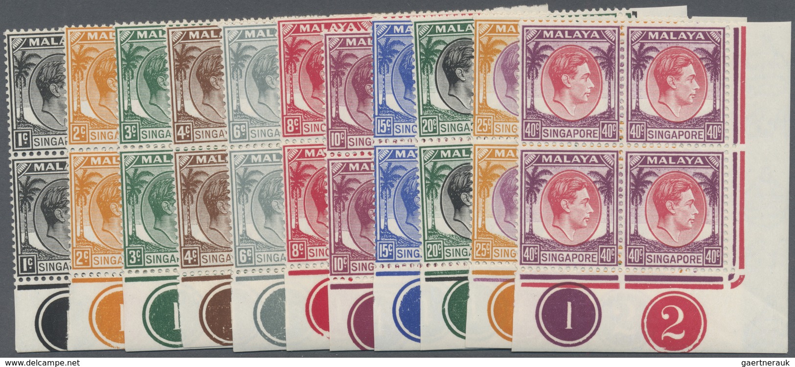 ** Singapur: 1948, KGVI Definitives Perf. 14 Complete Set Of 15 In Blocks Of Four From Lower Right Corn - Singapore (...-1959)