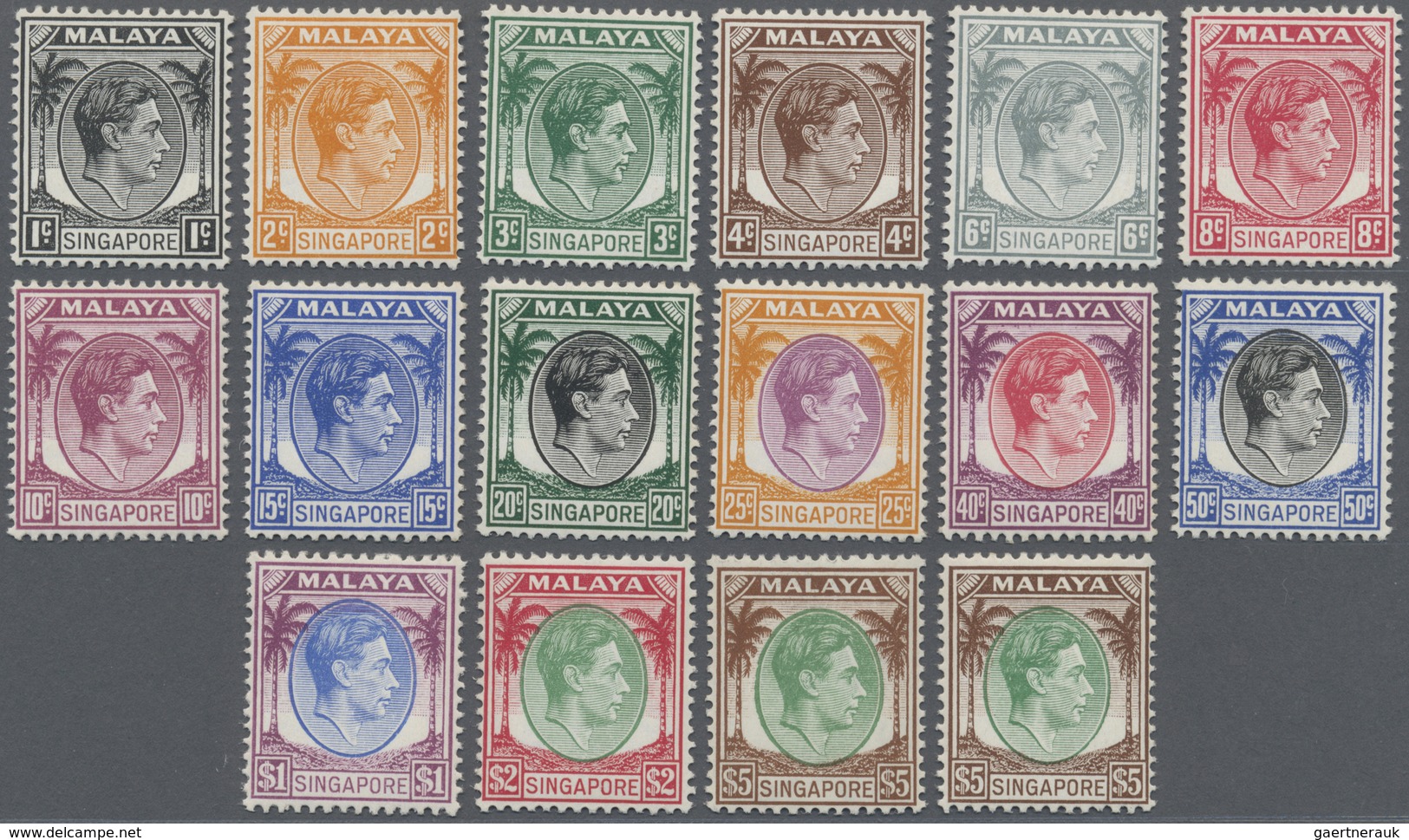 ** Singapur: 1948, KGVI Definitives Perf. 14 Complete Set Of 15 And Additional The $5 In A Different Sh - Singapore (...-1959)