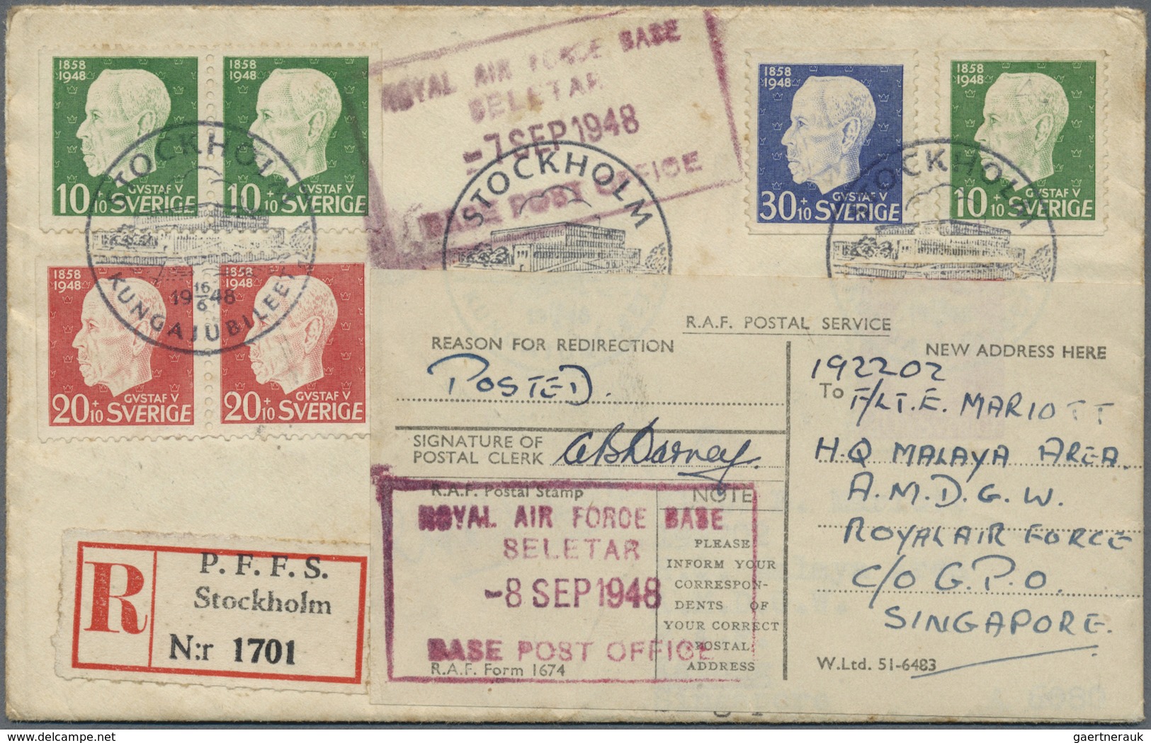 Br Singapur: 1948 Unrecorded Rectangular Framed Singapore Postmark "ROYAL AIR FORCE BASE/SELETAR/-8 SEP - Singapore (...-1959)