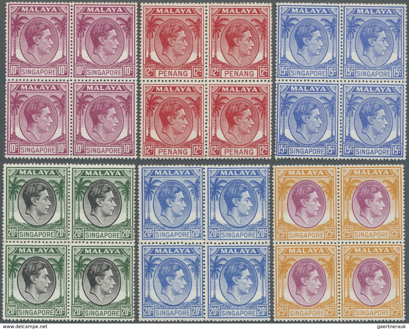 ** Singapur: 1949/1952, KGVI Definitives Perf. 17½ X 18 Complete Set Of 18 In Blocks Of Four, Mint Neve - Singapore (...-1959)