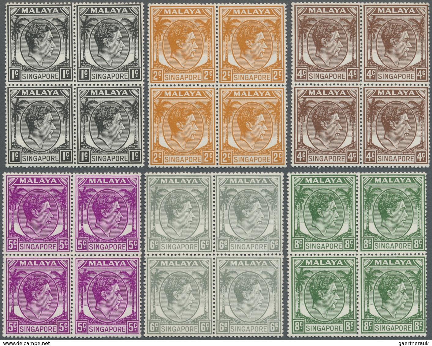 ** Singapur: 1949/1952, KGVI Definitives Perf. 17½ X 18 Complete Set Of 18 In Blocks Of Four, Mint Neve - Singapore (...-1959)