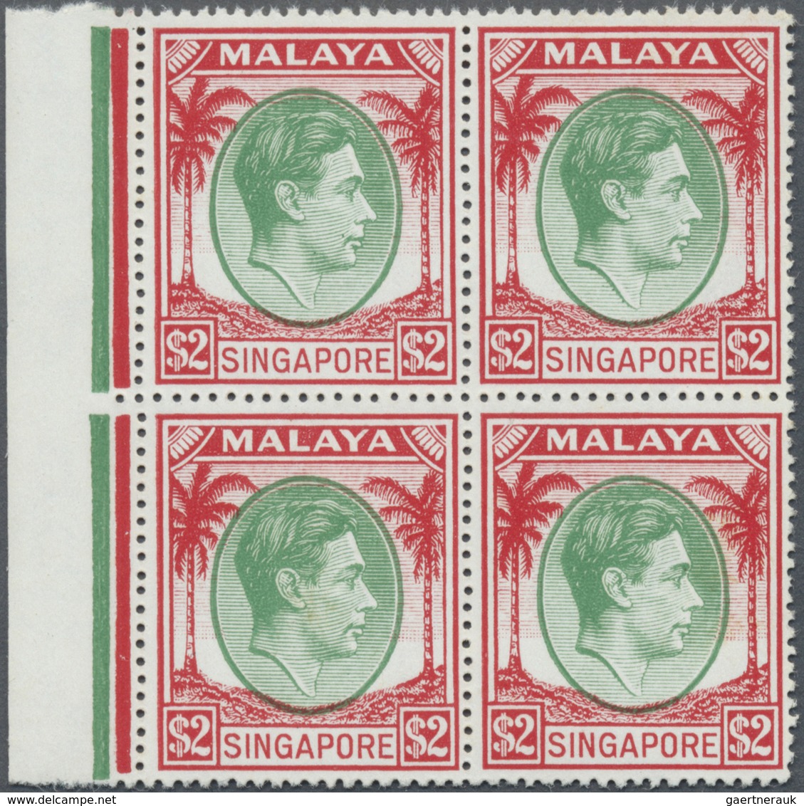 ** Singapur: 1951, KGVI Definitive $2 Green/scarlet Perf. 17½ X 18 Block Of Four From Left Margin, Mint - Singapore (...-1959)