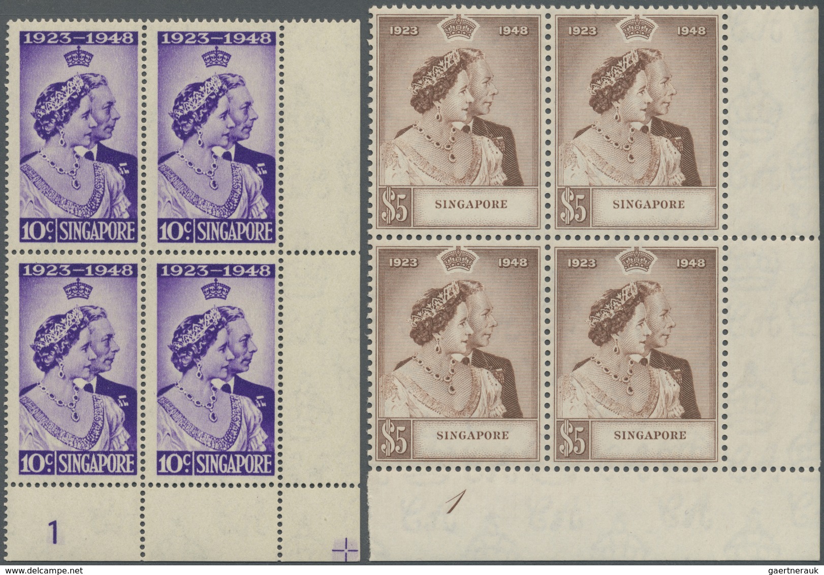 ** Singapur: 1948, Royal Silver Wedding Both Values In Blocks Of Four From Lower Right Corners With Pla - Singapore (...-1959)
