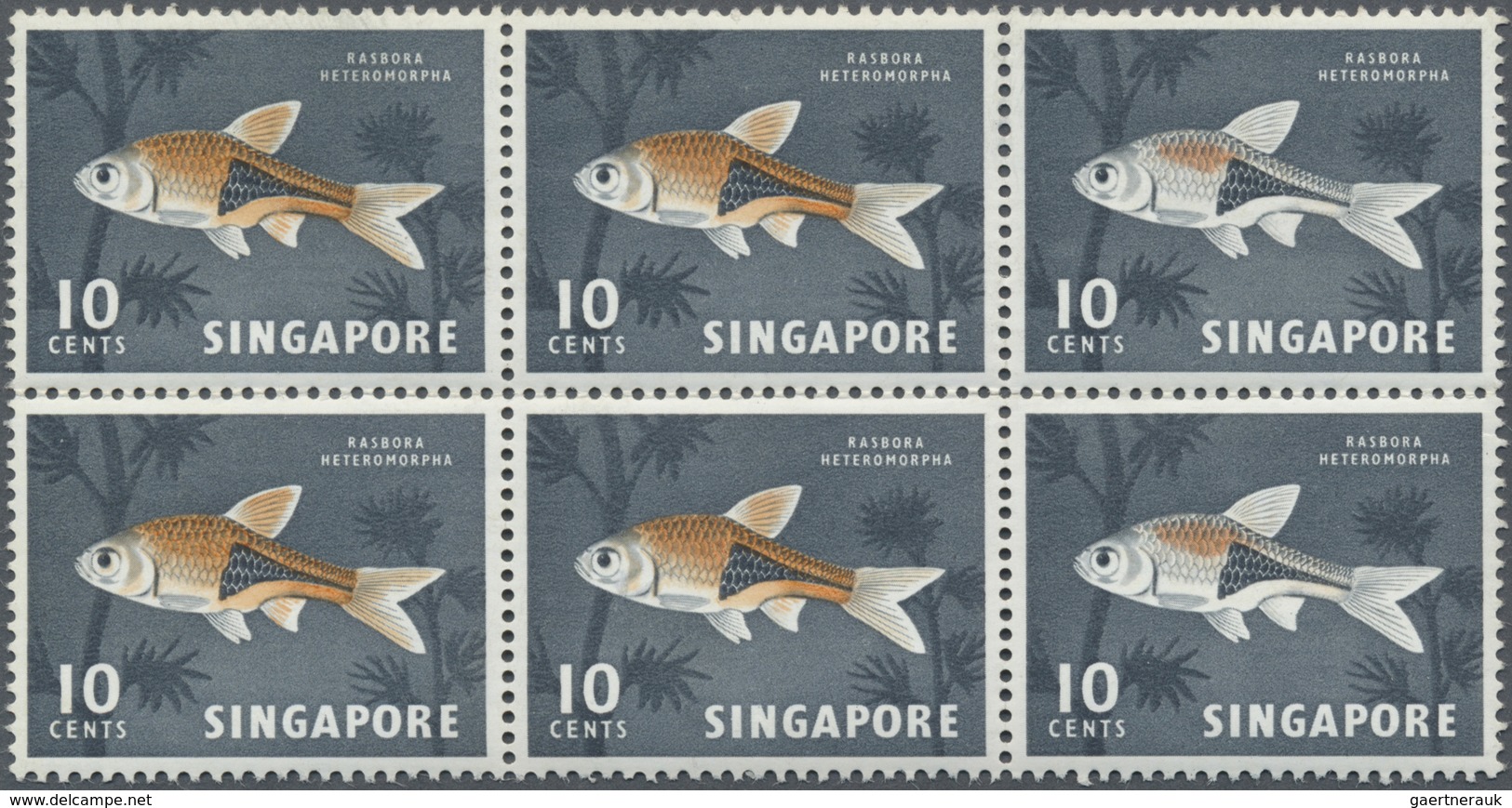 ** Singapur: 1962, Definitive Issue 10c. 'Harlequinfish' Block Of Six With RED-ORANGE Partially OMITTED - Singapore (...-1959)