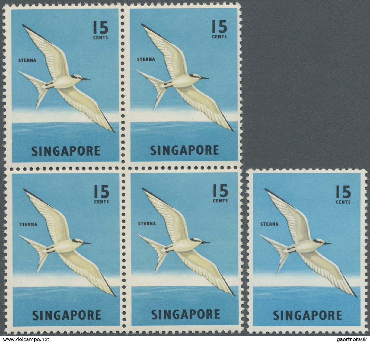 ** Singapur: 1966, Definitive Issue 15c. 'Black-naped Tern' Block Of Four With ORANGE OMITTED (eyes), M - Singapore (...-1959)