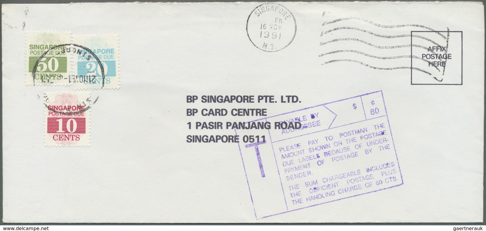 Br Singapur - Portomarken: 1991, postage dues on 9 unpaid covers from BP Singapore correspondence, diff