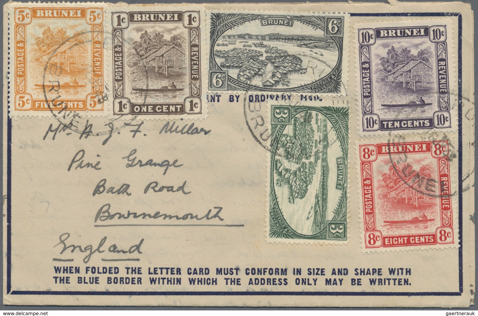 Br Brunei: 1948, Attractive 7-color Franking (1C To 10C) On Airmail Letter Card With Full Message Insid - Brunei (1984-...)