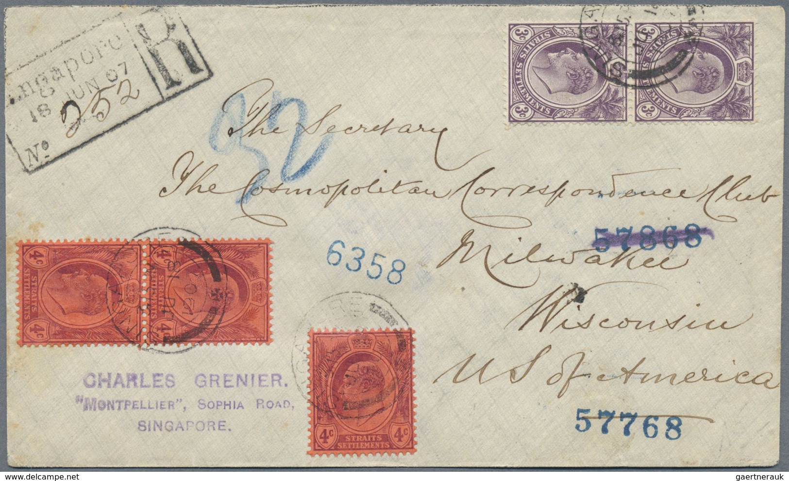 Br Malaiische Staaten - Straits Settlements: 1907, 2 X 3 C Dull Purple And 3 X 4 C Purple On Red KEVII, - Straits Settlements