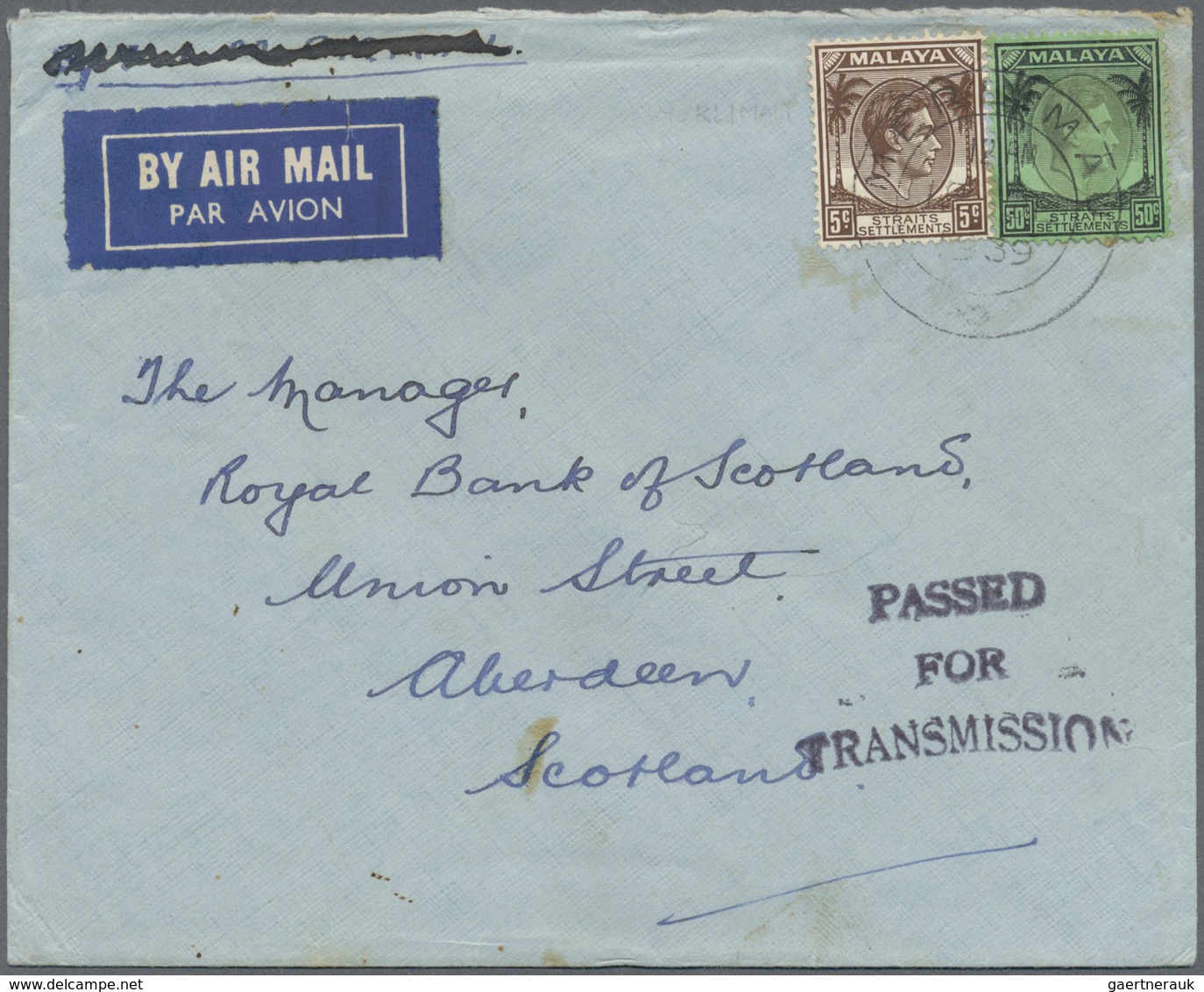 Br Malaiische Staaten - Straits Settlements: 1939, Airmail Letter Bearing 5 And 50 C. Georg VI Addresse - Straits Settlements