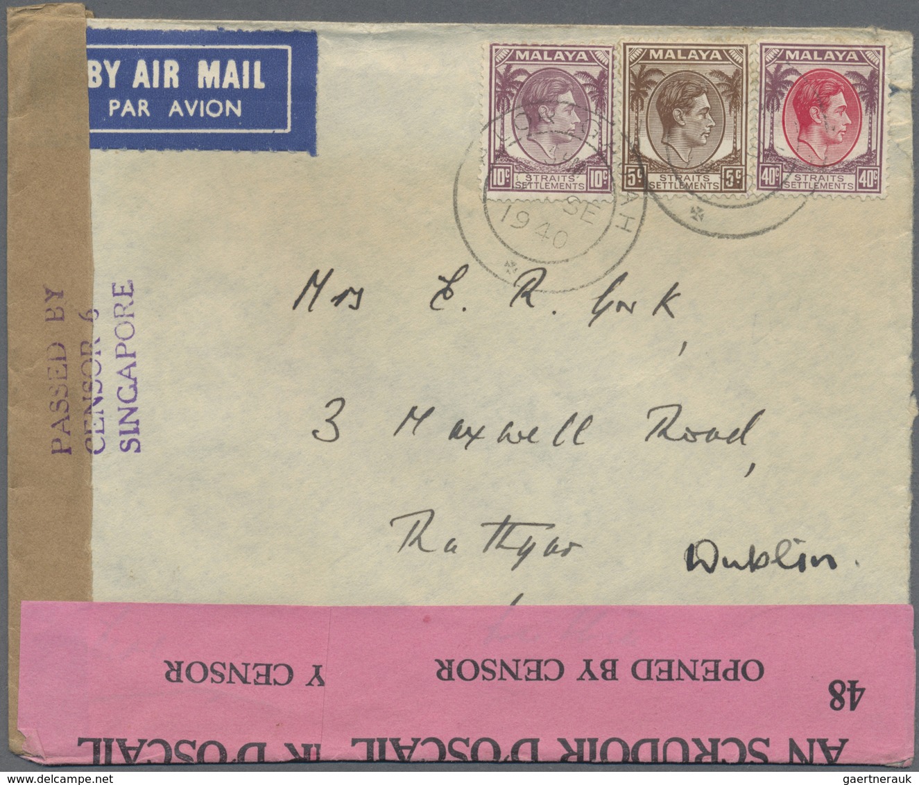 Br Malaiische Staaten - Straits Settlements: 1940, Airmail Cover Bearing 5,10 And 40 C. KGVI Addressed - Straits Settlements