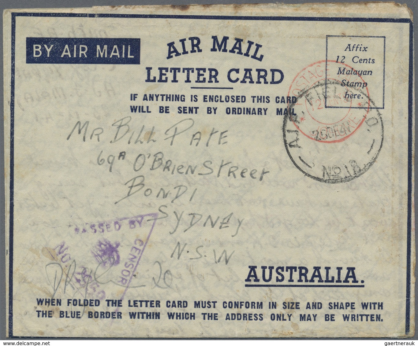 GA Malaiische Staaten - Straits Settlements: 1941, Airmail Stationery Sent, Without Stamp, By Field Pos - Straits Settlements