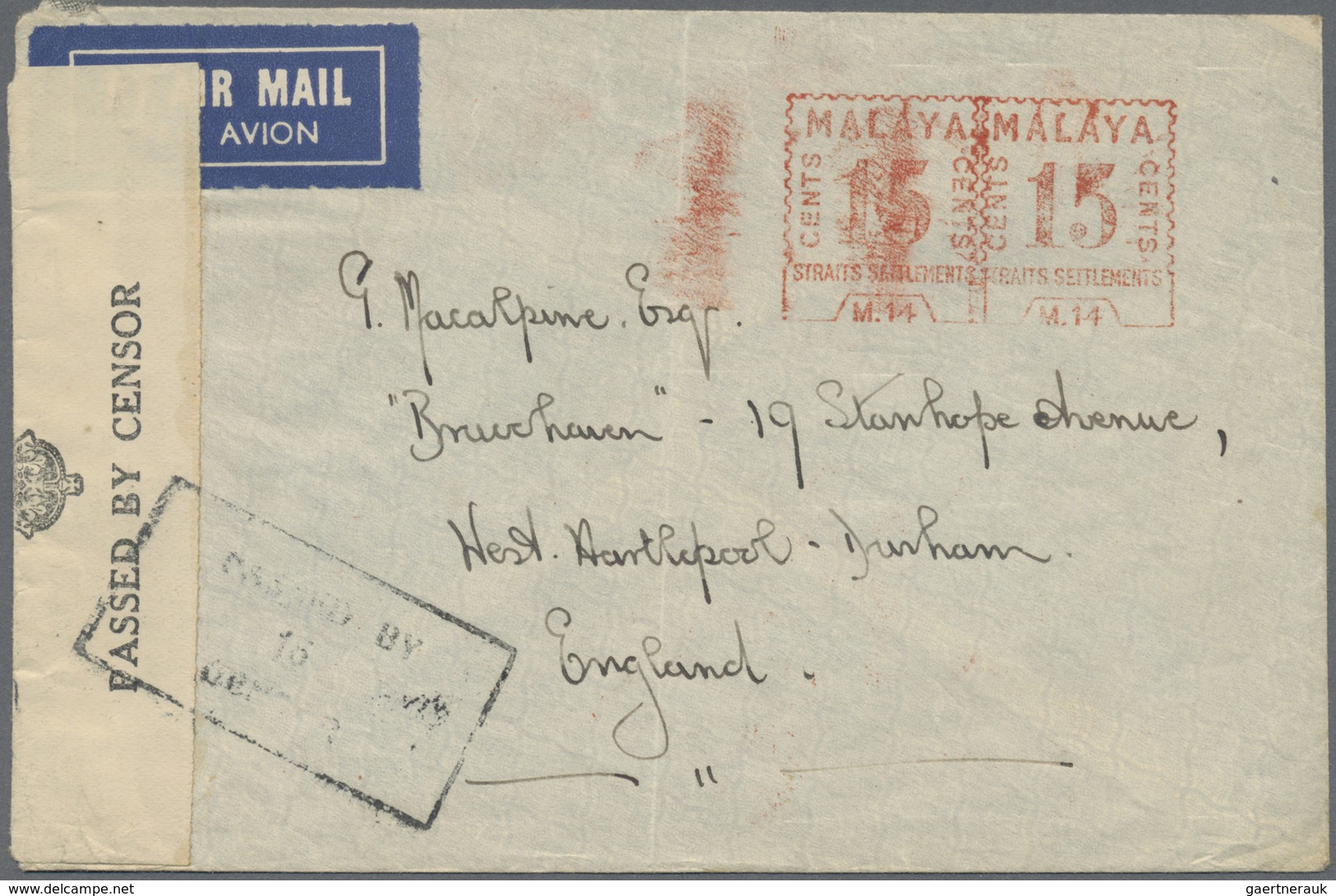 Br Malaiische Staaten - Straits Settlements: 1941 Appr.: Airmail Addressed To England With 15/15 C. Str - Straits Settlements