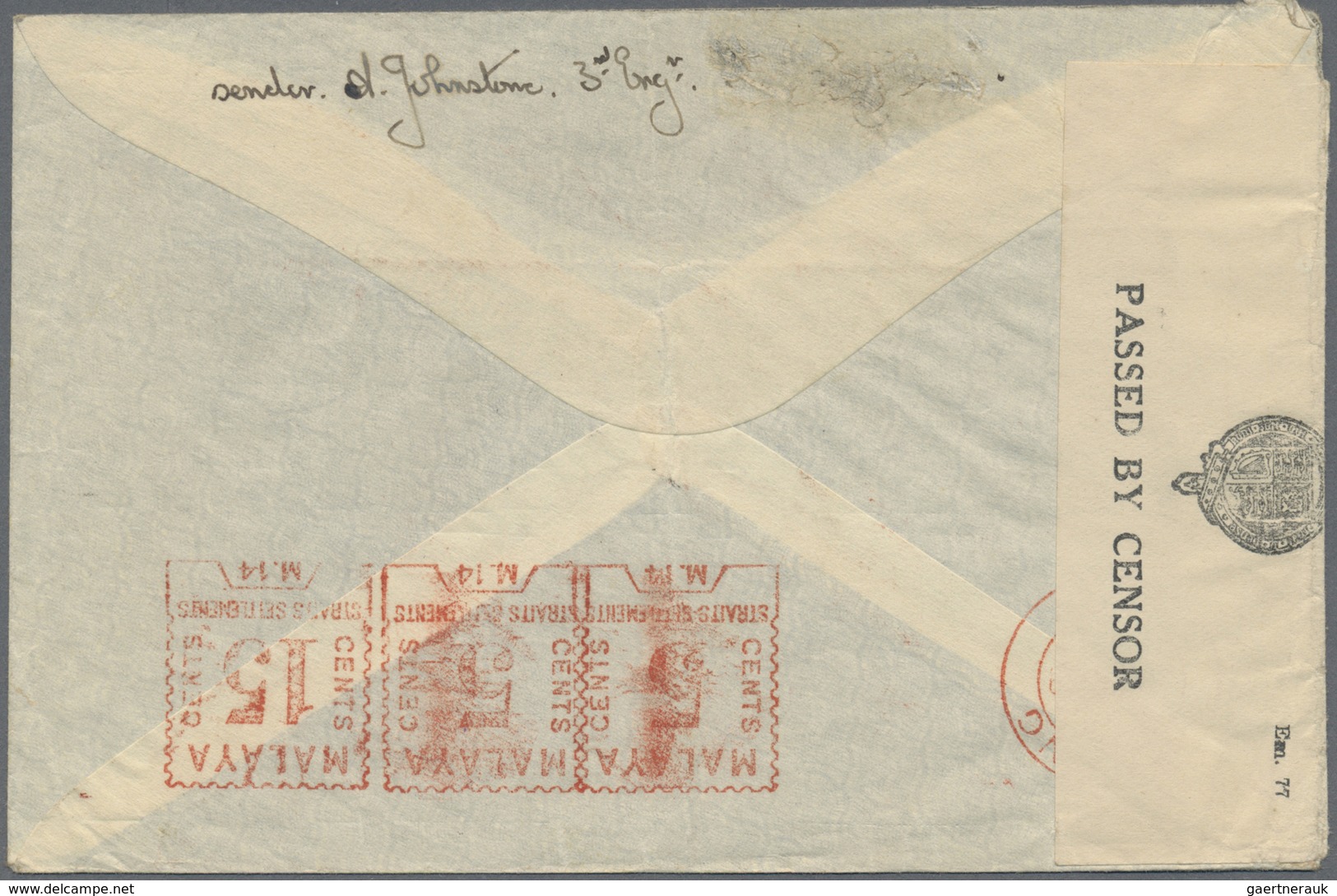 Br Malaiische Staaten - Straits Settlements: 1941 Appr.: Airmail Addressed To England With 15/15 C. Str - Straits Settlements