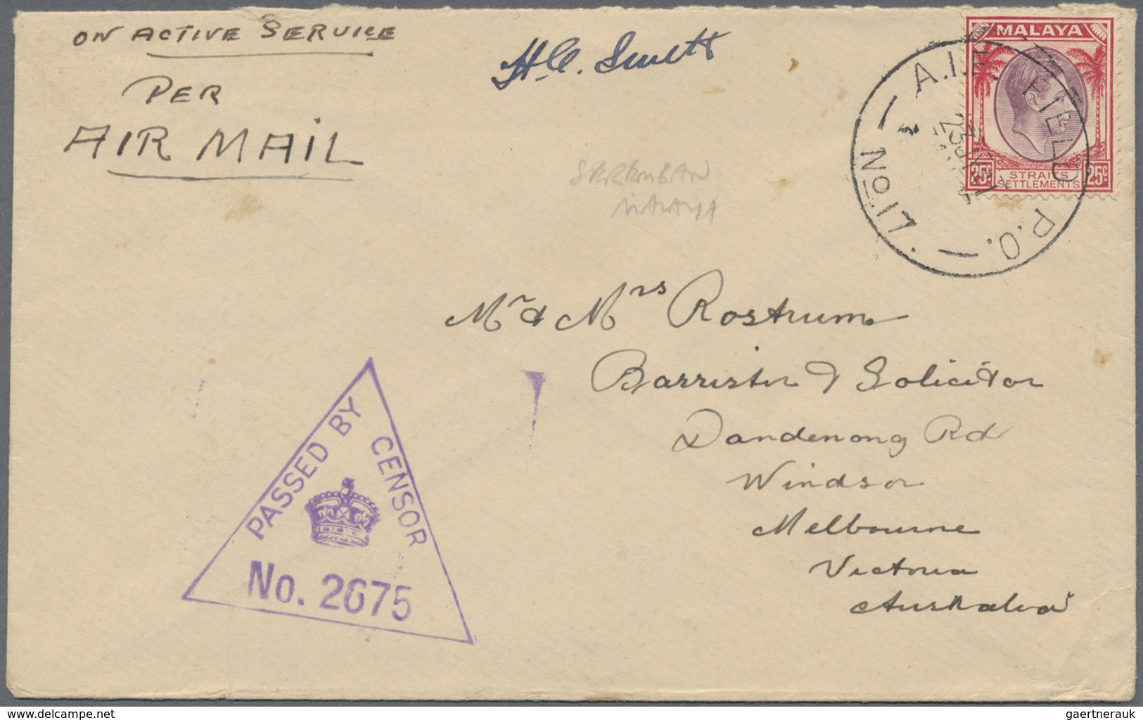 Br/ Malaiische Staaten - Straits Settlements: 1941, Airmail Letter "On Active Service" Bearing 25 C. Tie - Straits Settlements