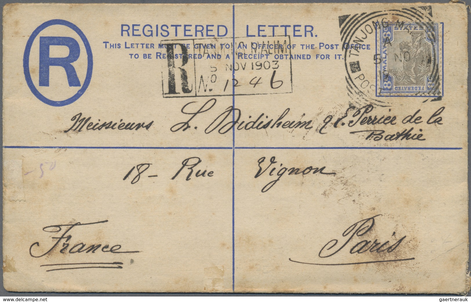 GA Malaiischer Staatenbund: 1903, 5c Registered Stat. Envelope (small Stains) Uprated With 8 C Tiger Ti - Federated Malay States