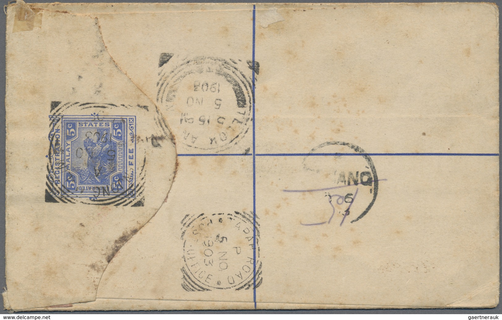 GA Malaiischer Staatenbund: 1903, 5c Registered Stat. Envelope (small Stains) Uprated With 8 C Tiger Ti - Federated Malay States