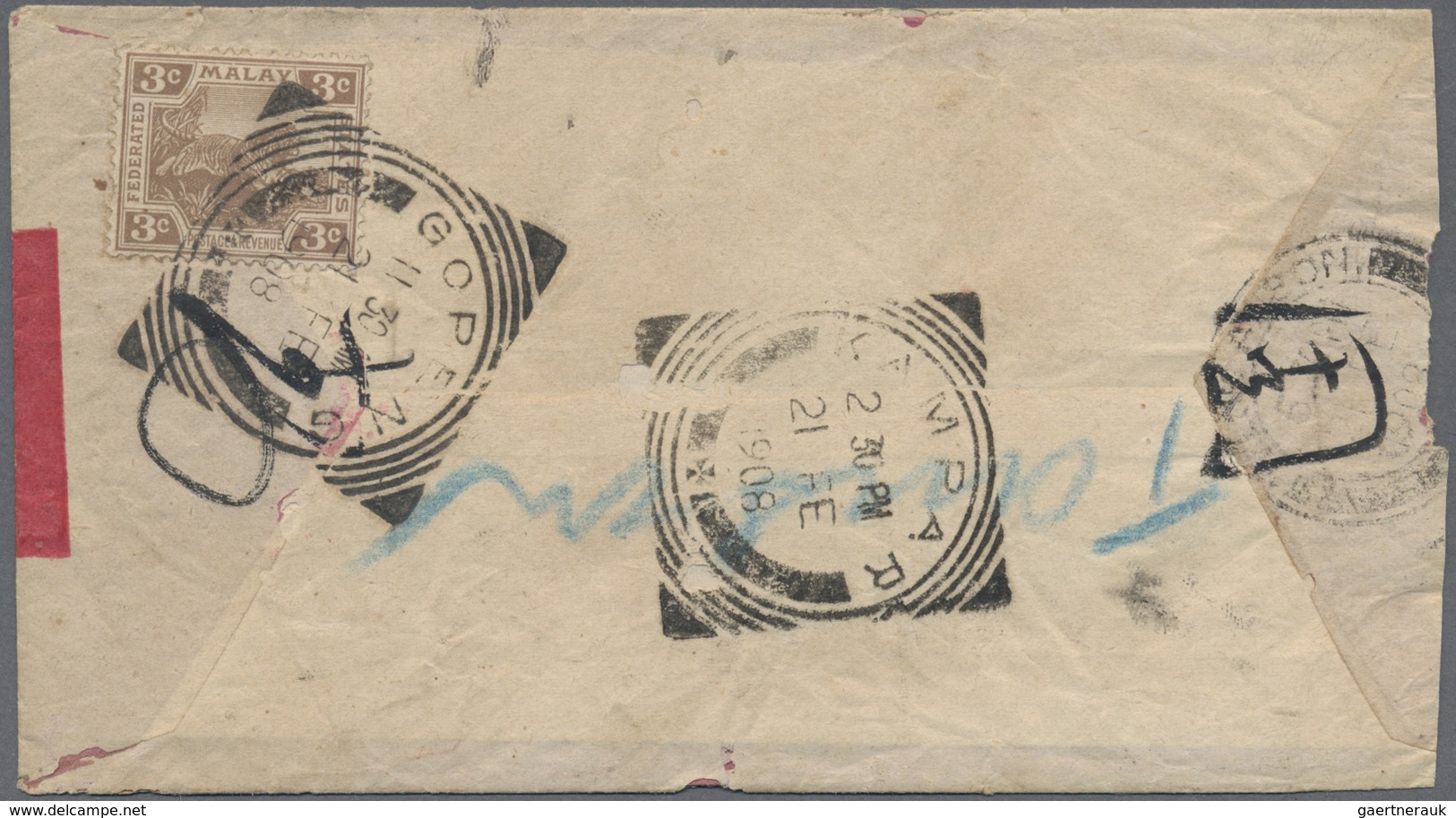 Br Malaiischer Staatenbund: 1908, Redband Envelope Bearing 3 C Tiger On Back Tied By GOPENG Postmark An - Federated Malay States