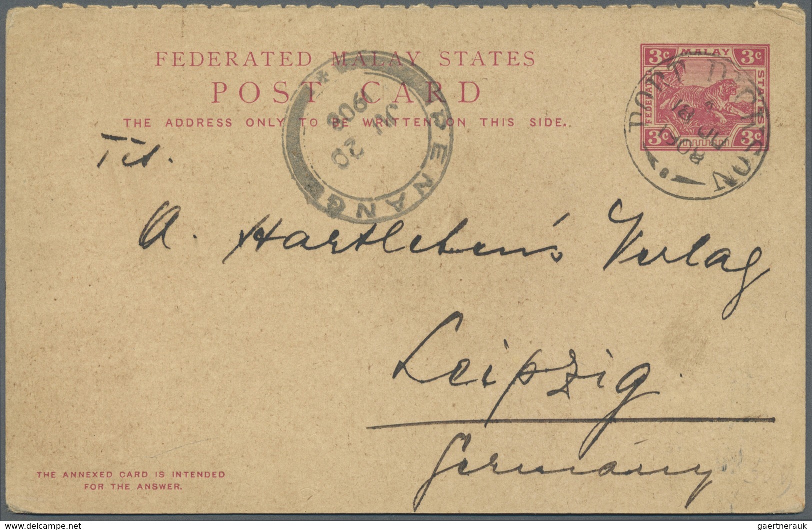 GA Malaiischer Staatenbund: 1908, Question Part Of Reply Card Tiger 3 C. Scarlet Canc. „PORT DICKSON A - Federated Malay States