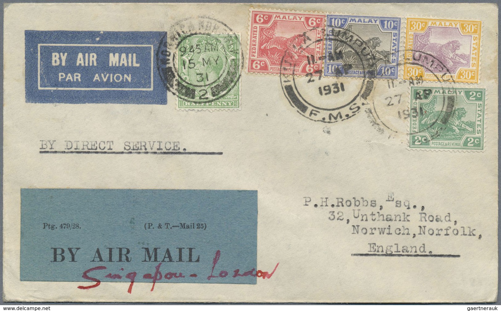 Br Malaiischer Staatenbund: 1931, (Apr. 27.) Kuala Lumpur - UK Via Singapore, Airmail Cover Carried On - Federated Malay States