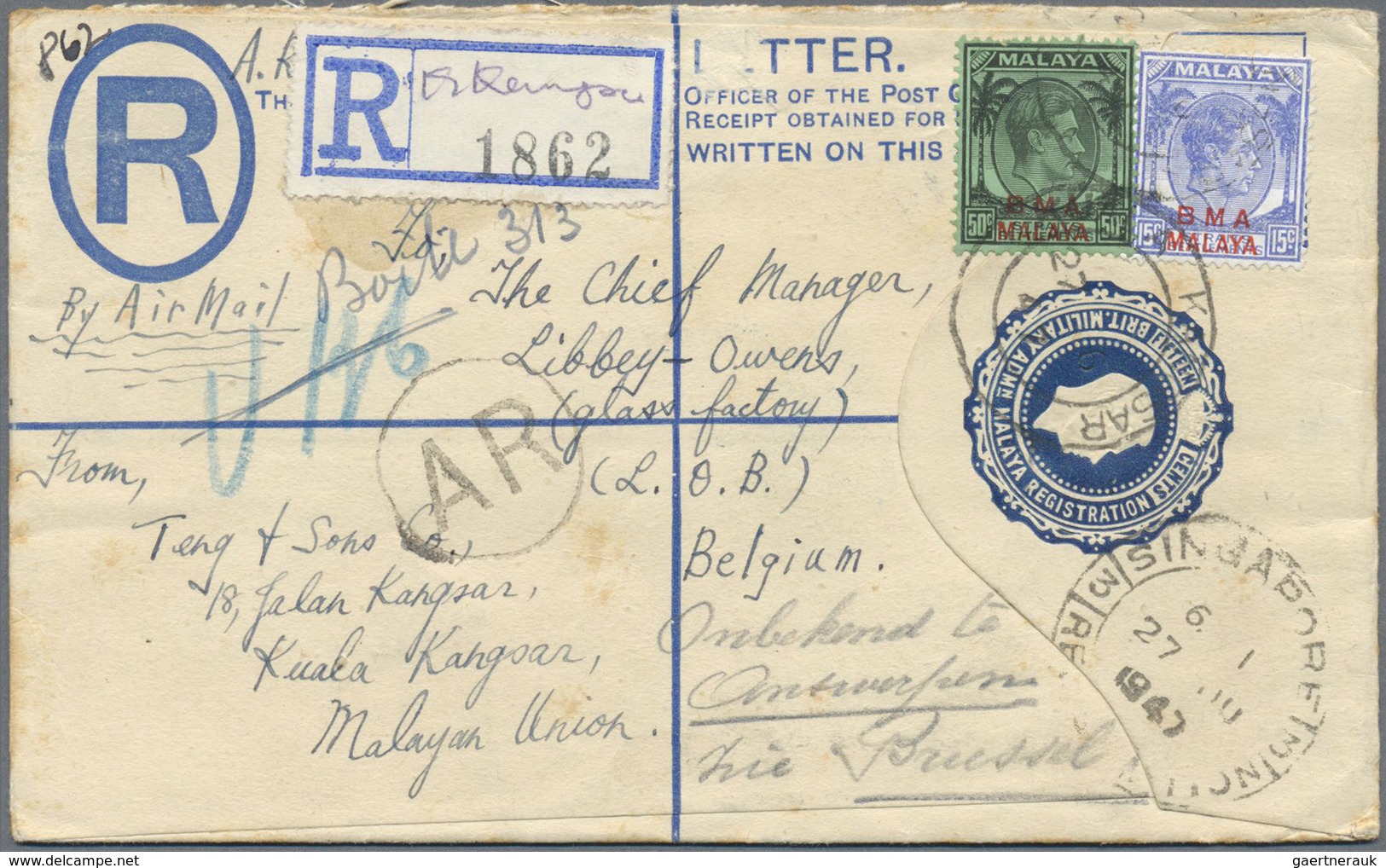 GA Malaiische Staaten - Britische Militärverwaltung: 1947, Registered Stationery Envelope With Addition - Malaya (British Military Administration)