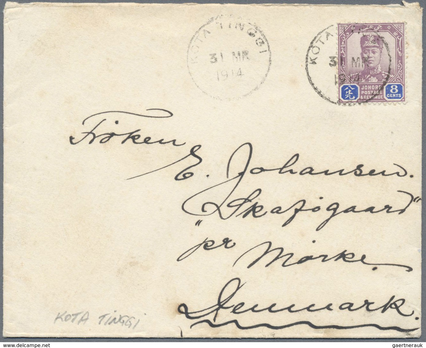 Br Malaiische Staaten - Johor: 1914, Cover Bearing 8 C With KOTA TINGGI Cds Addressed To Denmark. - Johore