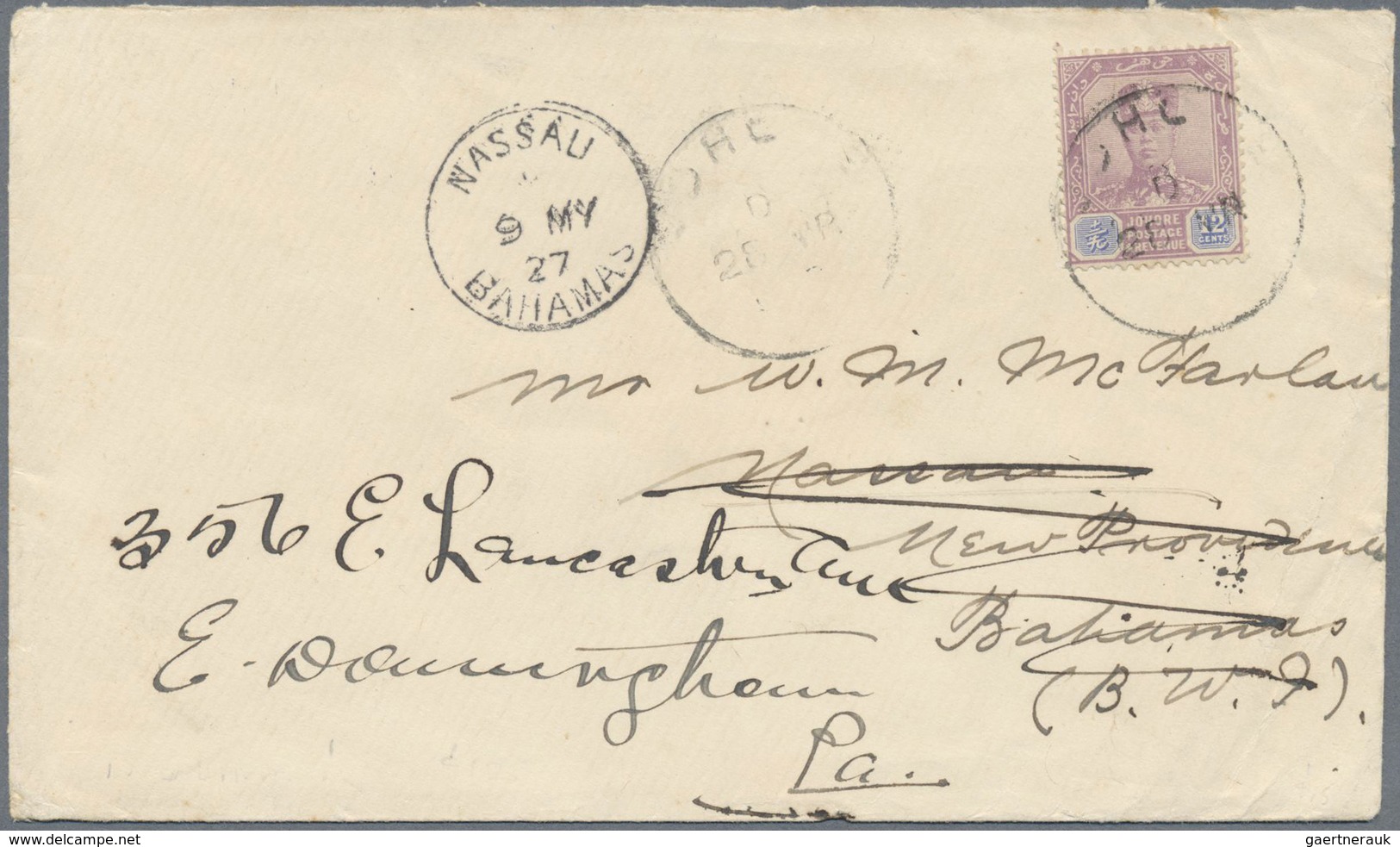 Br Malaiische Staaten - Johor: 1927, 12c. Dull Purple/blue, Single Franking On Cover From "JOHORE 28 MR - Johore