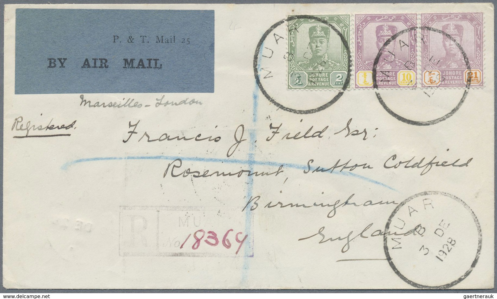 Br Malaiische Staaten - Johor: 1928, Airmail Letter Bearing ,10 And 21c Johore Definitives Tied By Sing - Johore