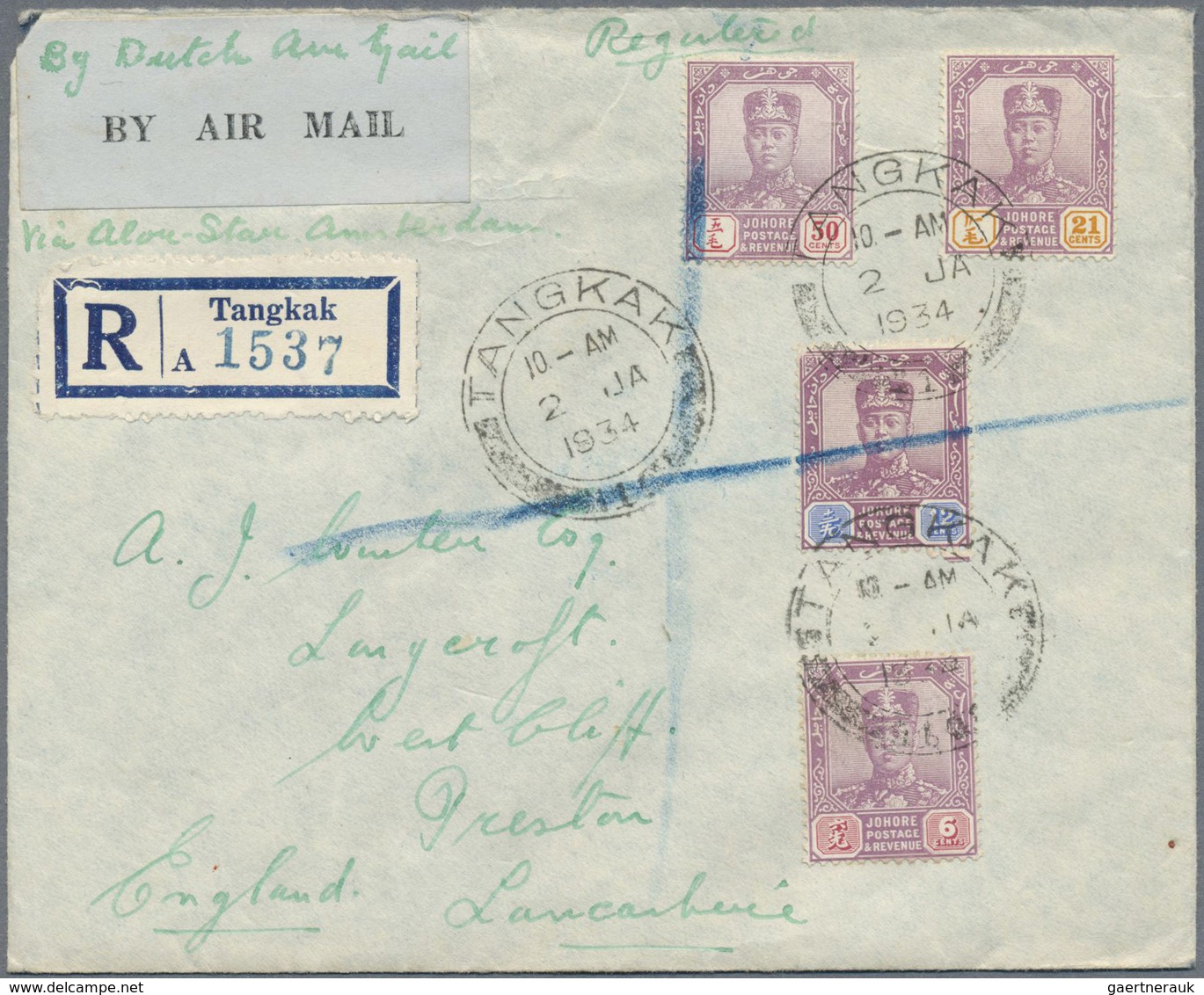 Br Malaiische Staaten - Johor: 1934, 6c. Dull Purple/claret, 12c. Dull Purple/blue (slight Corner Fault - Johore