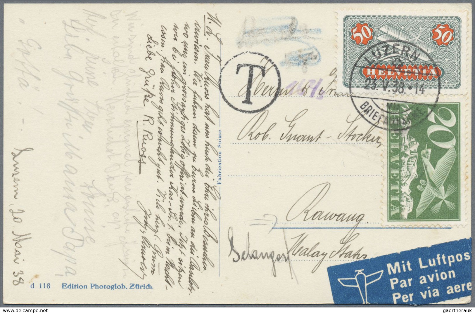 Br Malaiische Staaten - Johor: 1938/1940, Correspondence Lucerne/Switzerland-Rawang (family Stocker-Sid - Johore