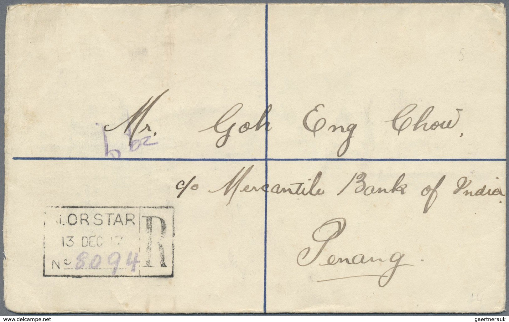 GA Malaiische Staaten - Kedah: 1917, 3c. Black/red Uprating A Registered Stationery Envelope 10c. Blue - Kedah