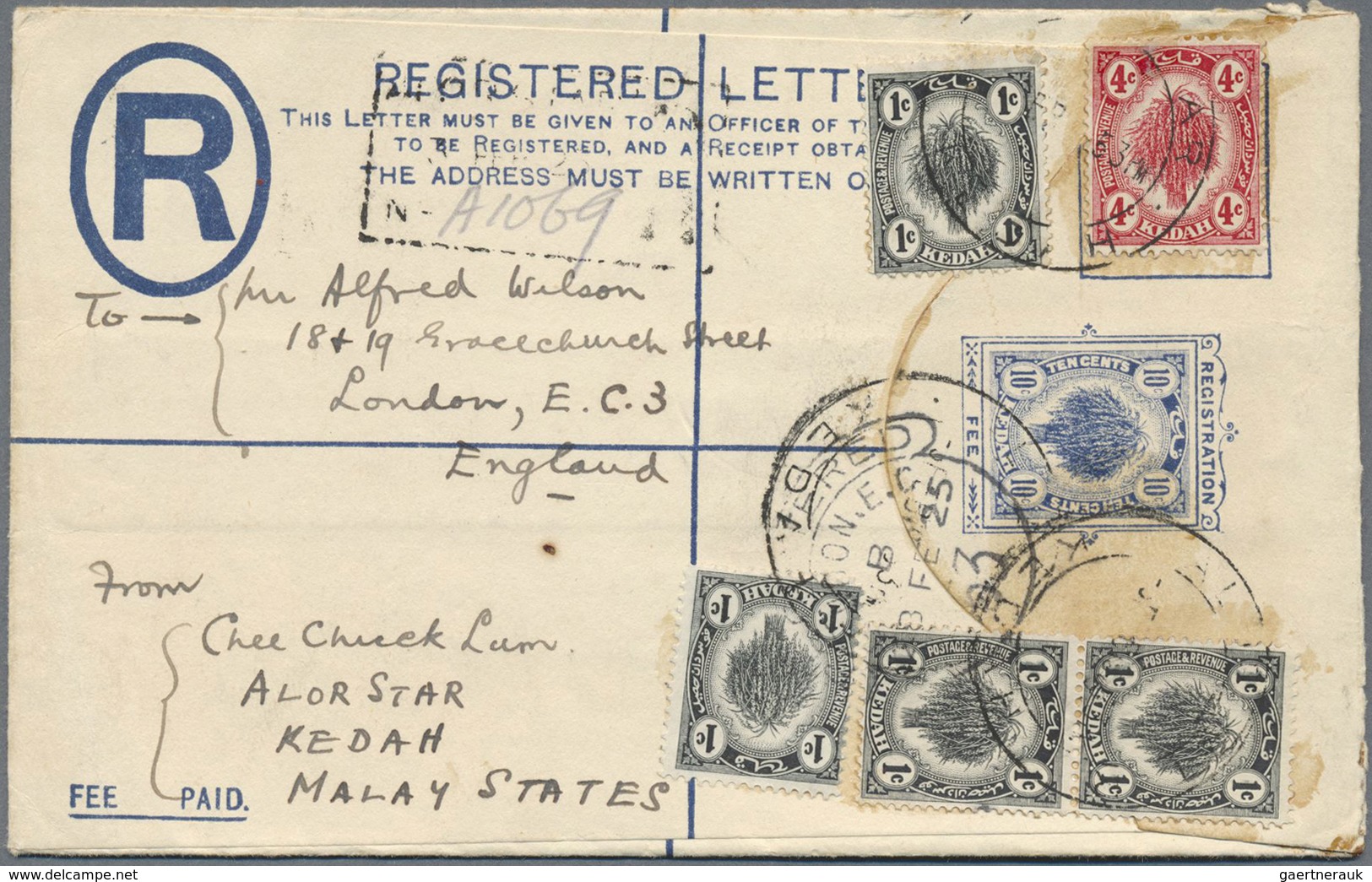 GA Malaiische Staaten - Kedah: 1925, 1c. Black (4) And 4c. Carmine Uprating A Registered Stationery Env - Kedah
