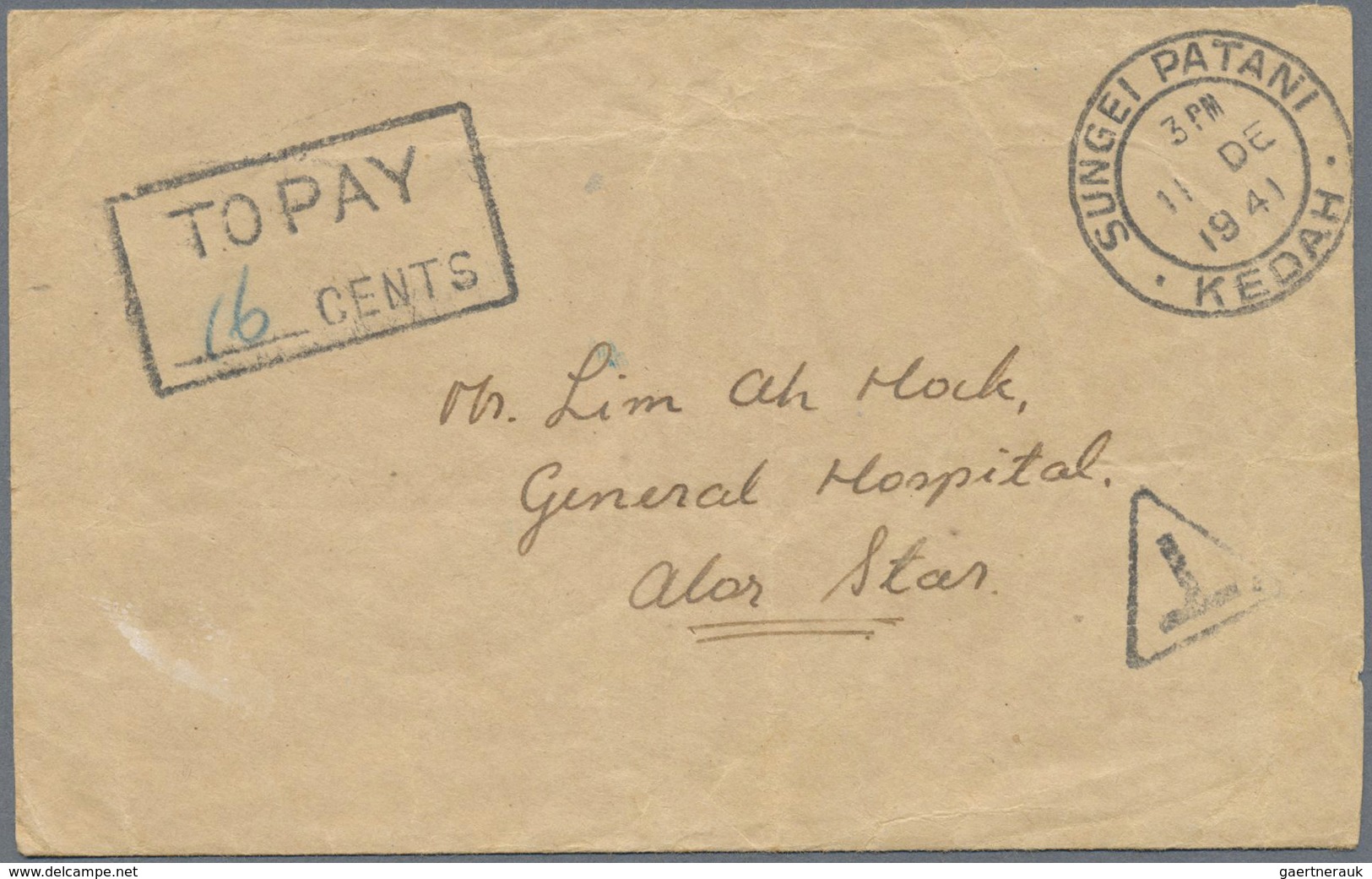 Br Malaiische Staaten - Kedah: 1941, (11. Dec.), L.R.D. - Unfranked Letter To Alor Star, Struck With UP - Kedah