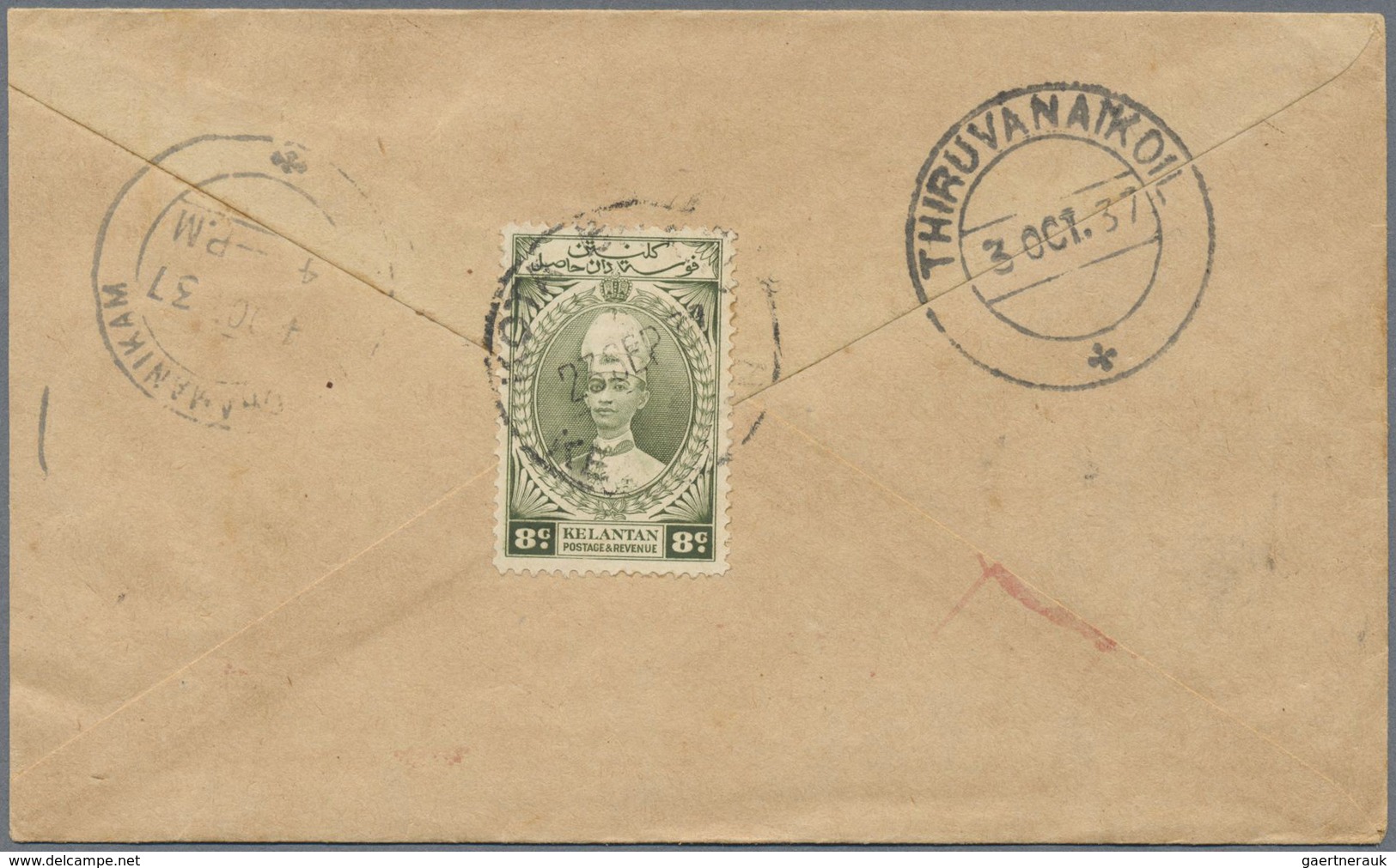 Br Malaiische Staaten - Kelantan: 1937, 23. September, Cover Sent From Kota Bharu To India At The Eight - Kelantan