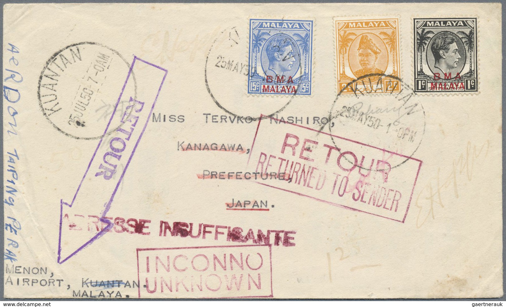 Br Malaiische Staaten - Kelantan: 1950, Letter From KANTAN Addressed To Kanagawa, Japan Bearing 1c And - Kelantan