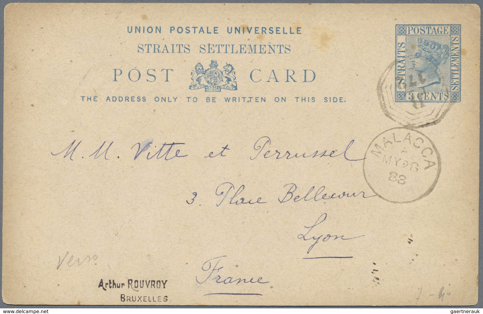 GA Malaiische Staaten - Malakka: 1888, Stationery Card 3c. Blue Commercially Used From Malacca To Lyon/ - Malacca