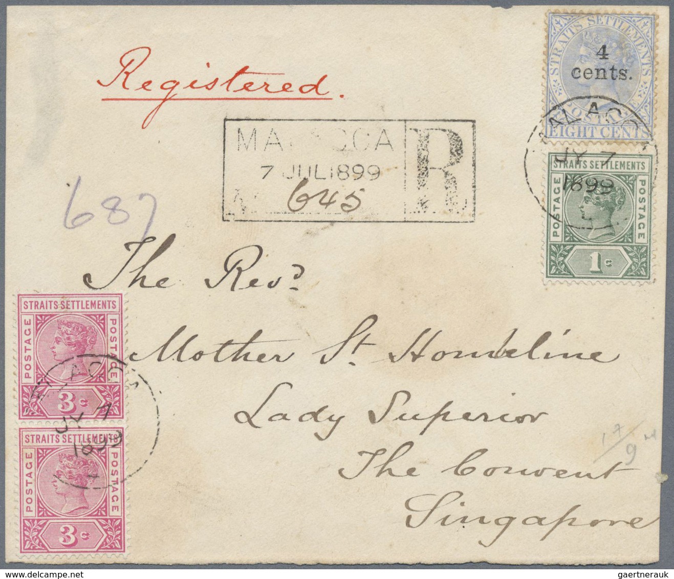 Brfst Malaiische Staaten - Malakka: 1899, 1c. Green, Vertical Pair 3c. Carmine-rose And 4c. On 8c. Ultrama - Malacca