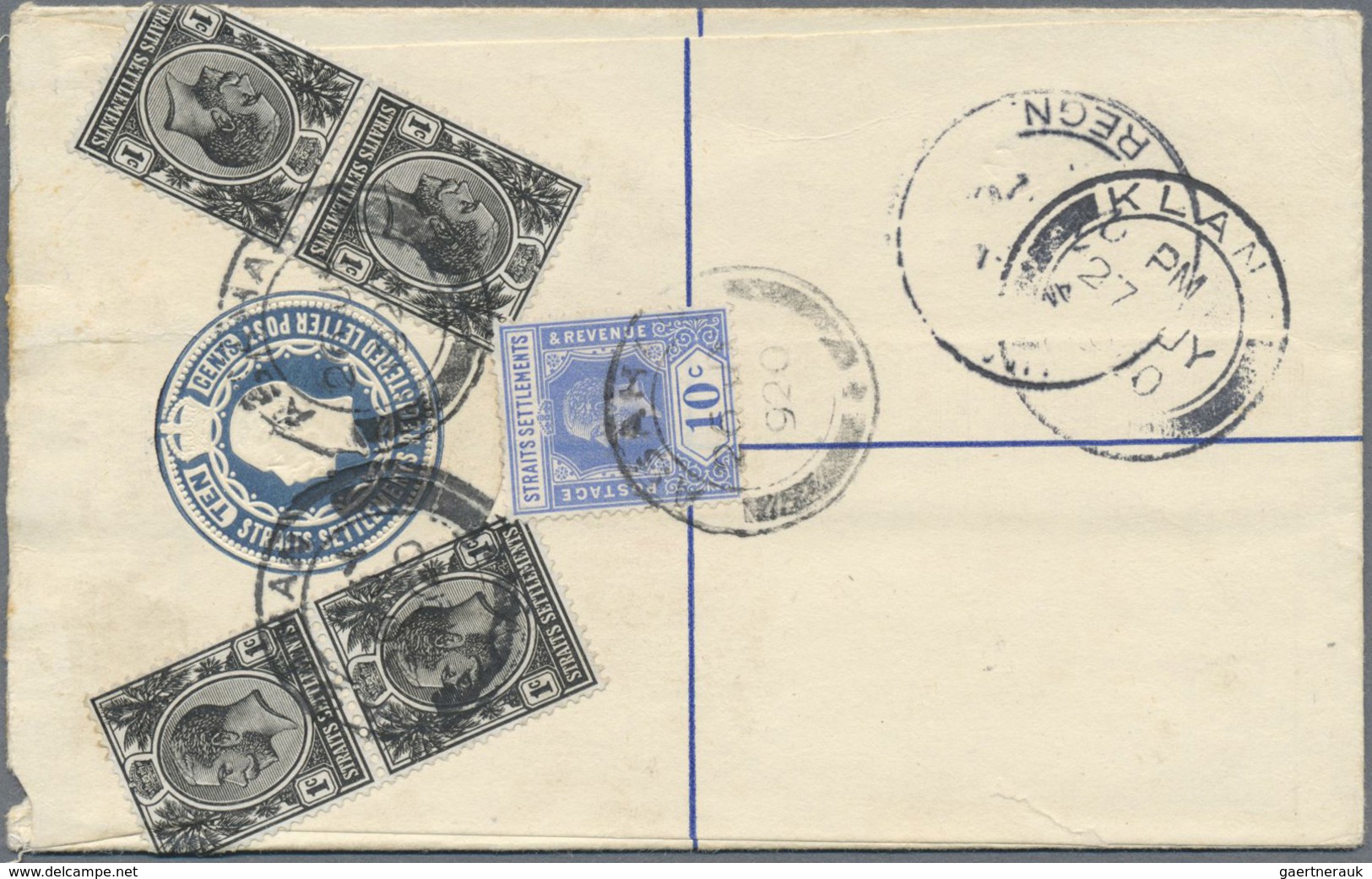 GA Malaiische Staaten - Malakka: 1920, 1c. Black (4, Attached Over Edge) And 10c. Blue Uprating A Regis - Malacca
