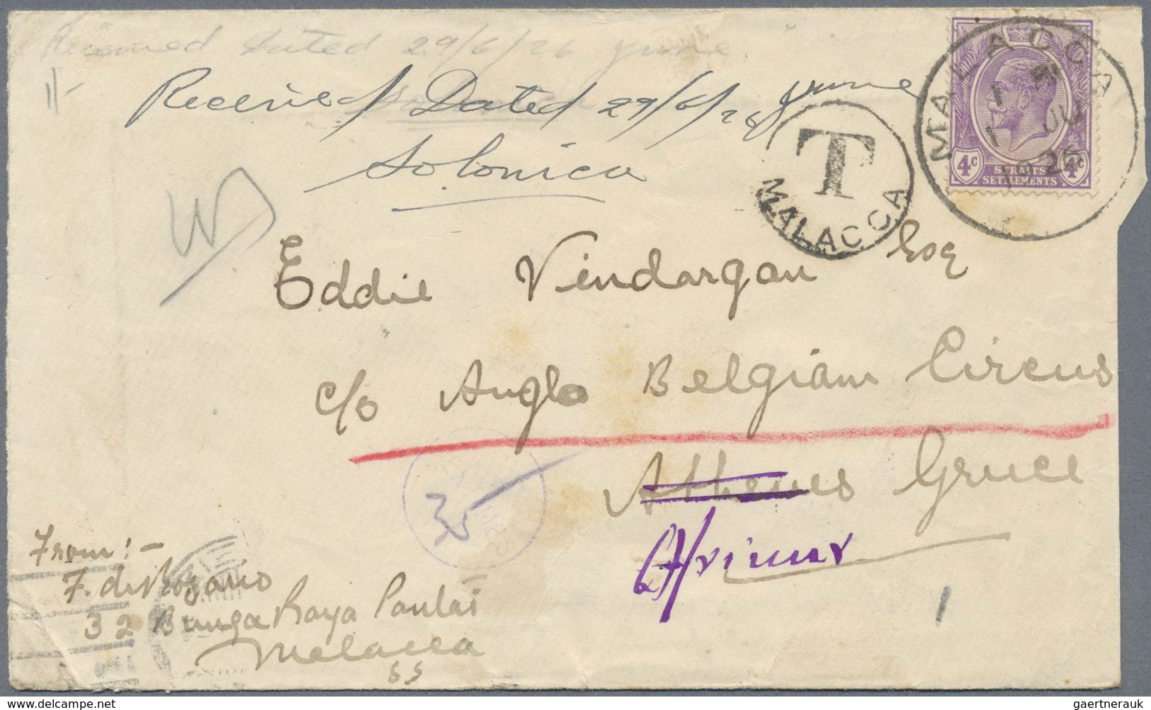 Br Malaiische Staaten - Malakka: 1926, 12c. Violet On Cover From "MALACCA 1 JU 1926" To Athens/Greece, - Malacca