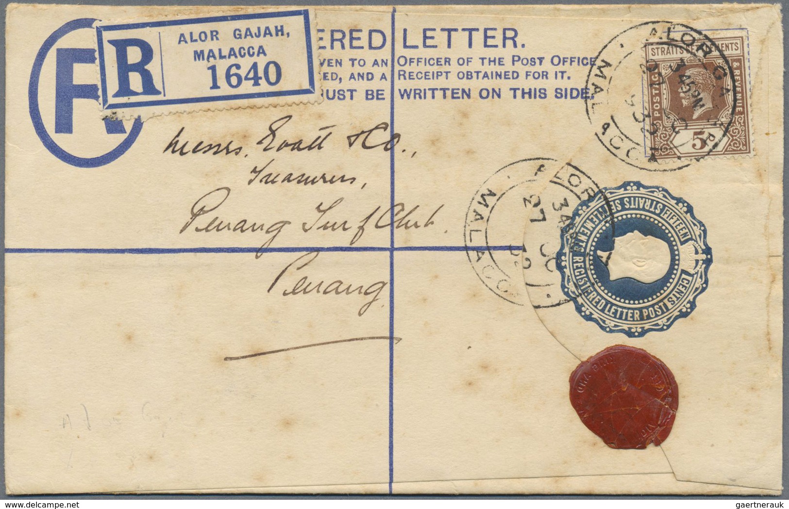 GA Malaiische Staaten - Malakka: 1932, Registered Envelope 15c. Blue Uprated By 5c. Brown, Used From "A - Malacca