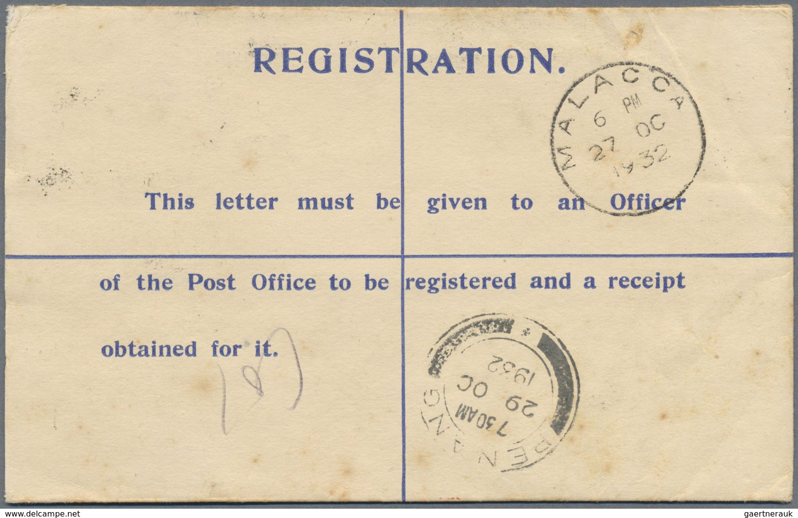 GA Malaiische Staaten - Malakka: 1932, Registered Envelope 15c. Blue Uprated By 5c. Brown, Used From "A - Malacca